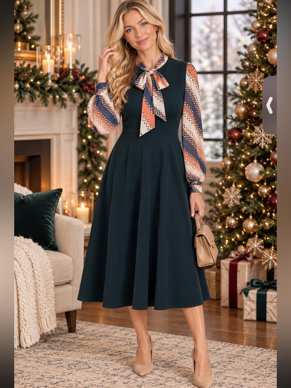 Tulip B Chiffon Sleeve Bow Tie Midi Dress Dark Teal Blue A-Line